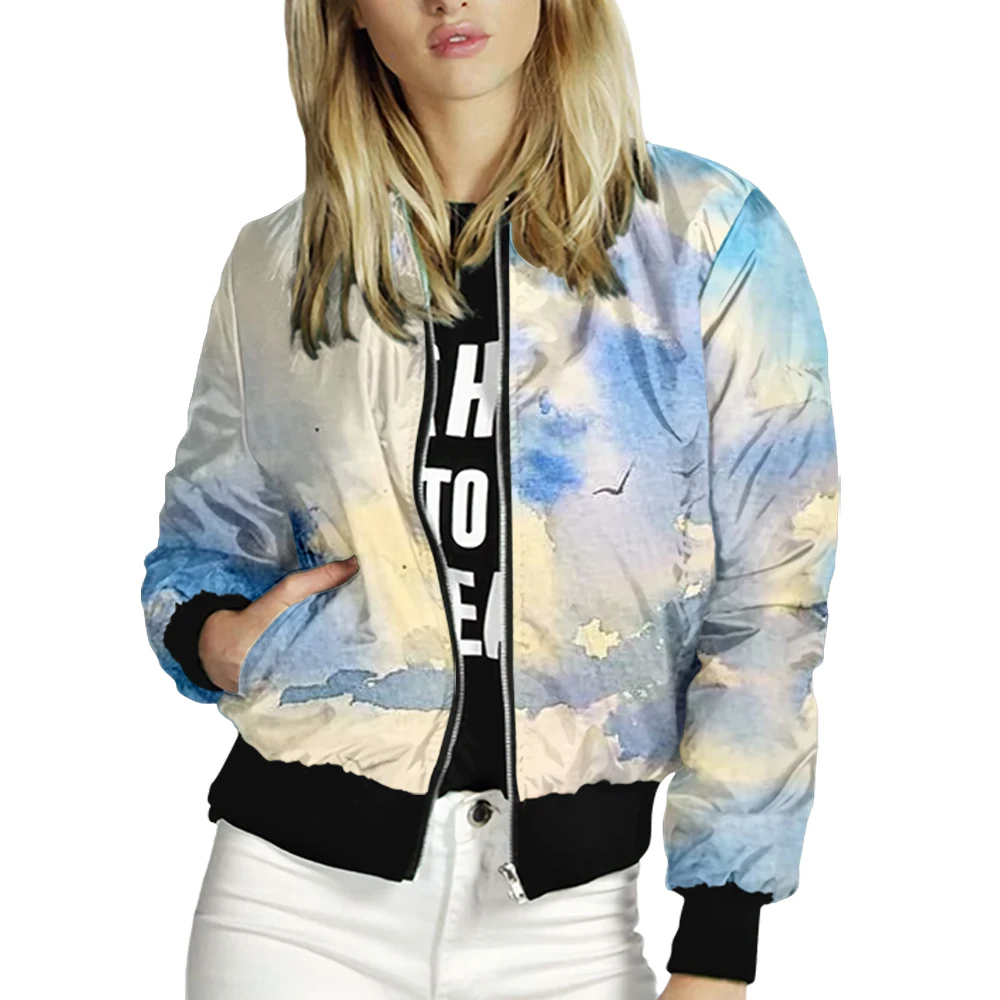 

Autumn Female Zipper Women Jacket Tops Watercolor Printing Long Sleeves Casual Baseball Collar Coat Slim Jacket Thin 6XL