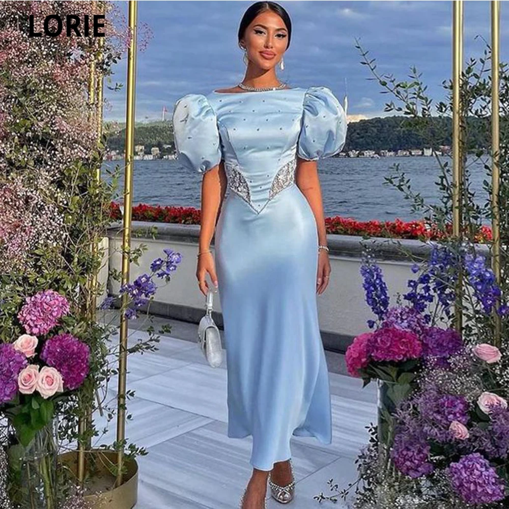 

LORIE Сексуальные вечерние платья с юбкой-годе с короткими рукавами с буфами вечернее платье с высоким вырезом длиной ниже колена небесно-голубые официальные платья