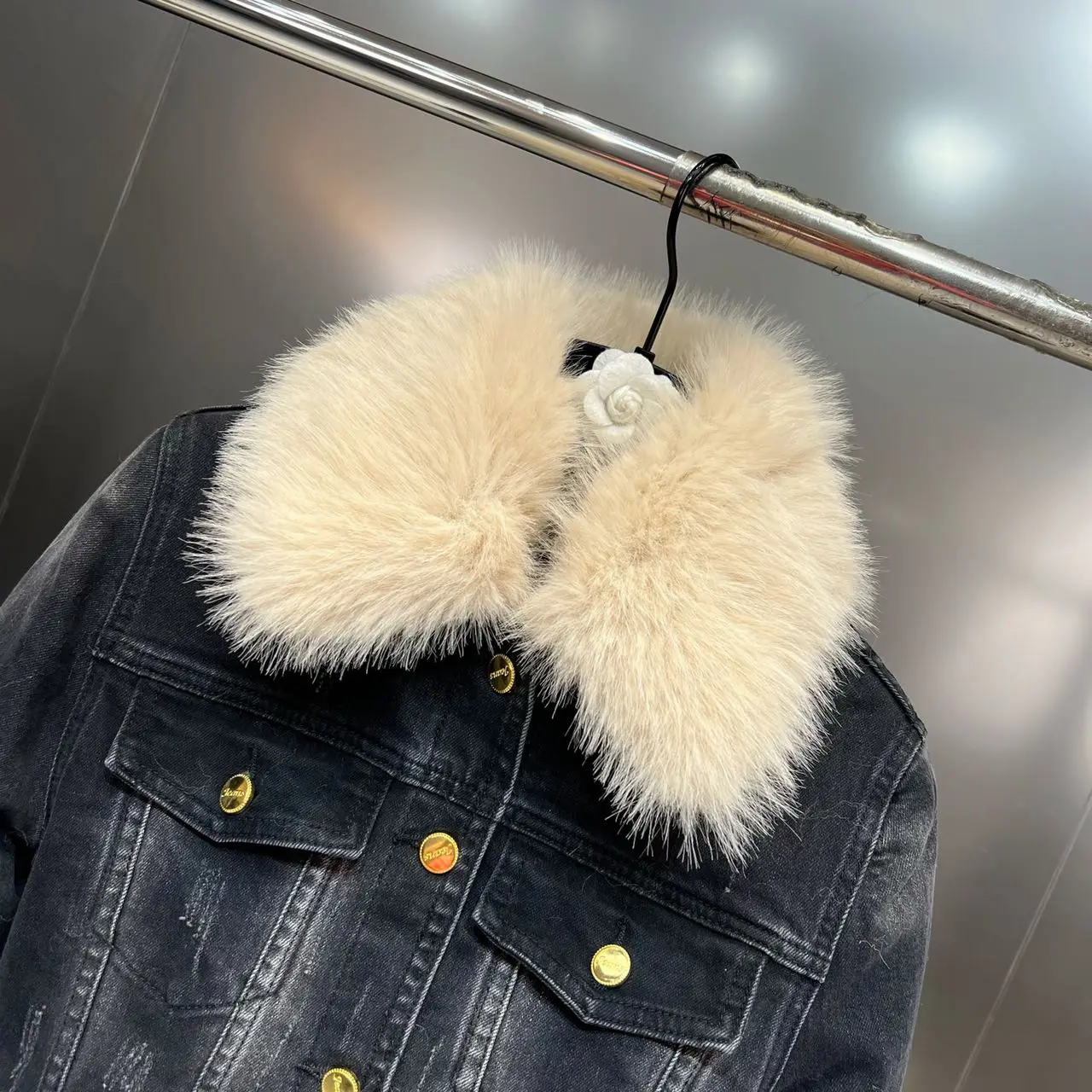 Winter Women's Warm Fur Lapel Long Sleeve Pocket Decorative Liner Plush Thick Denim Jacket Parka