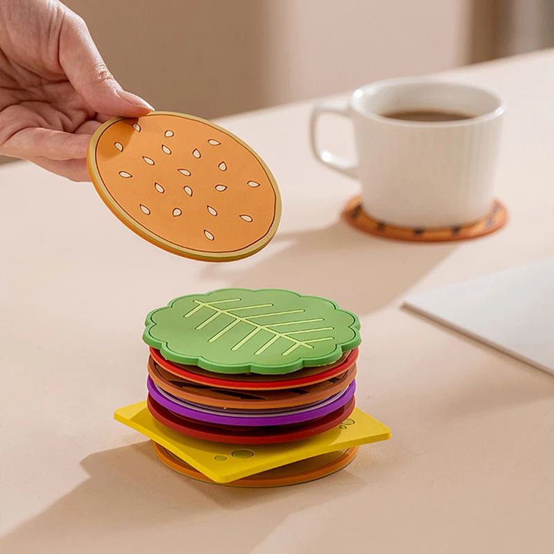 

8pcs/set Burger Shape Coaster Creative Cup Pad Silicone Insulation Mat Mug Holder Kitchen Dining Bar Table Decorations Kids Gift