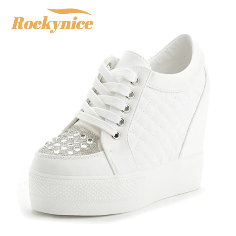 

2023 New Autumn White Hidden Wedge Heels Casual Shoes Woman Bling Platform Shoes Elevator 10CM High-heels Walking Sneakers Woman