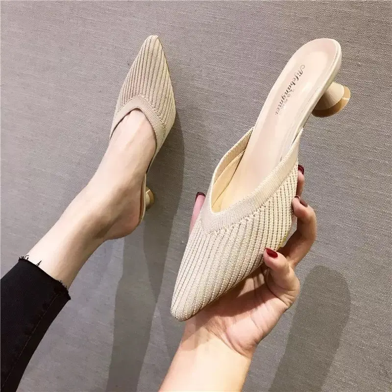 Half Slippers for Women Wearing Summer New Knitted Thick Heel Sandals for Muller Shoes for Women Wearing Pointed High Heels