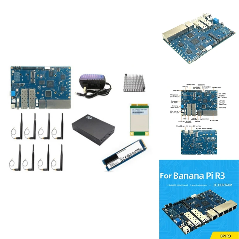 

BMDT-For Banana PI BPI-R3 MT7986 2G+8G EMMC Development Board With 256G SSD+4G Module+Case+8Xantennas+Heat Sink+Power