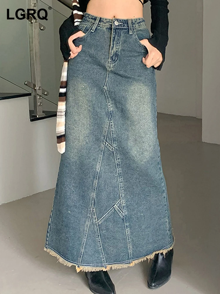 

LGRQ Fashion Women's Ankle-length Skirt New Patchwork High Waist Button Denim A-line Retro Skirts Female Spring 2023 19J2867