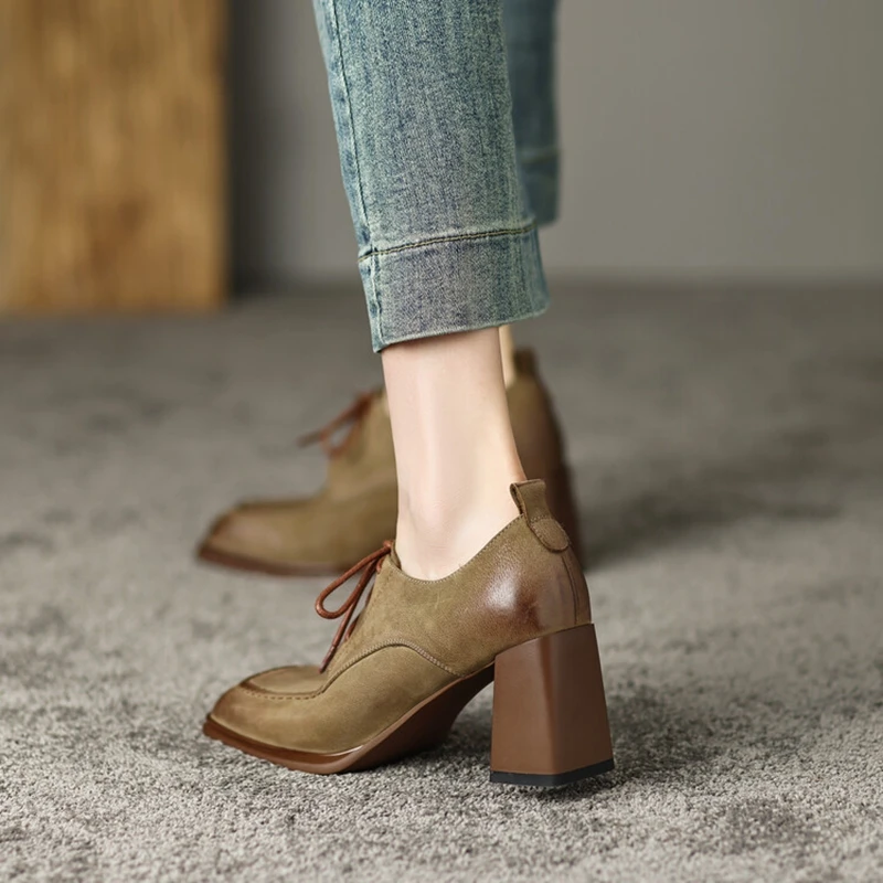 NEW Spring/Autumn Women Loafers Square Toe High heels Genuine Leather Chunky Heel Pumps Women Plus Sizes Retro Lace Black Shoes