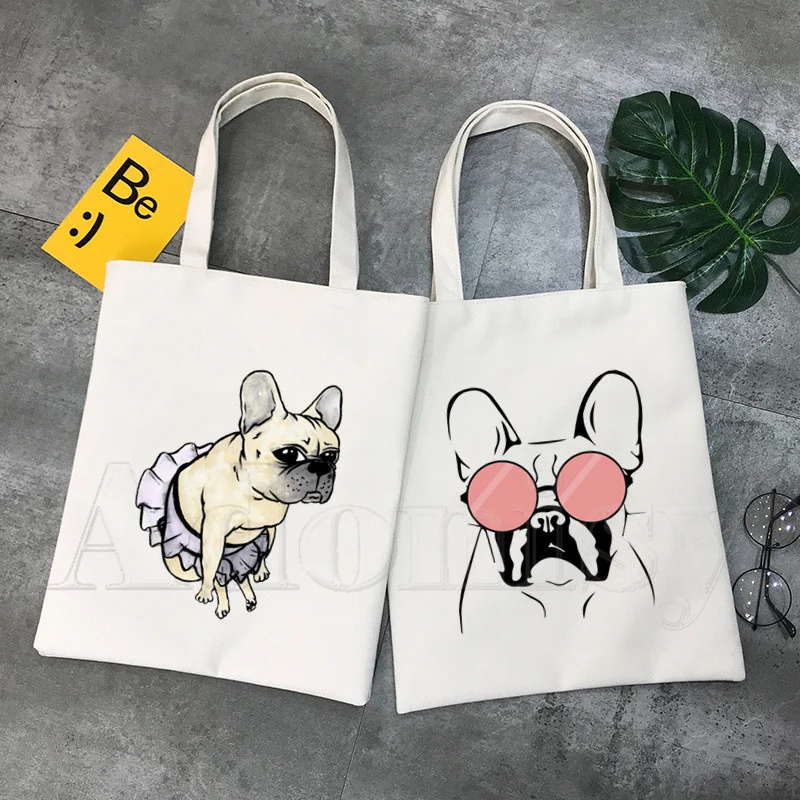 

French Bulldog Women Canvas Shopping Bag Letters Print Female Cloth Shoulder Bag Eco Handbag Tote Reusable Grocery Shopper Bags