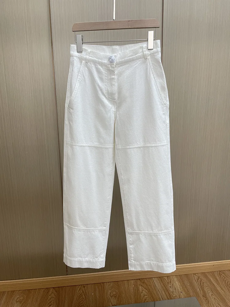 Women White High Waist Casual Cropped Pants 2023 Summer New All-Match Ladies Zipper Fly Simple Loose Wide Leg Pants with Pockets