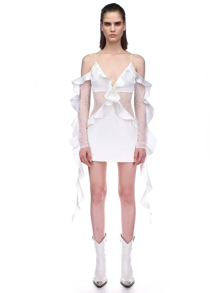 

Новинка 2023, летние женские сексуальные кружевные оборки с V-образным вырезом, открытыми плечами и длинным рукавом, обтягивающие Элегантные мини-юбки для ночного клуба