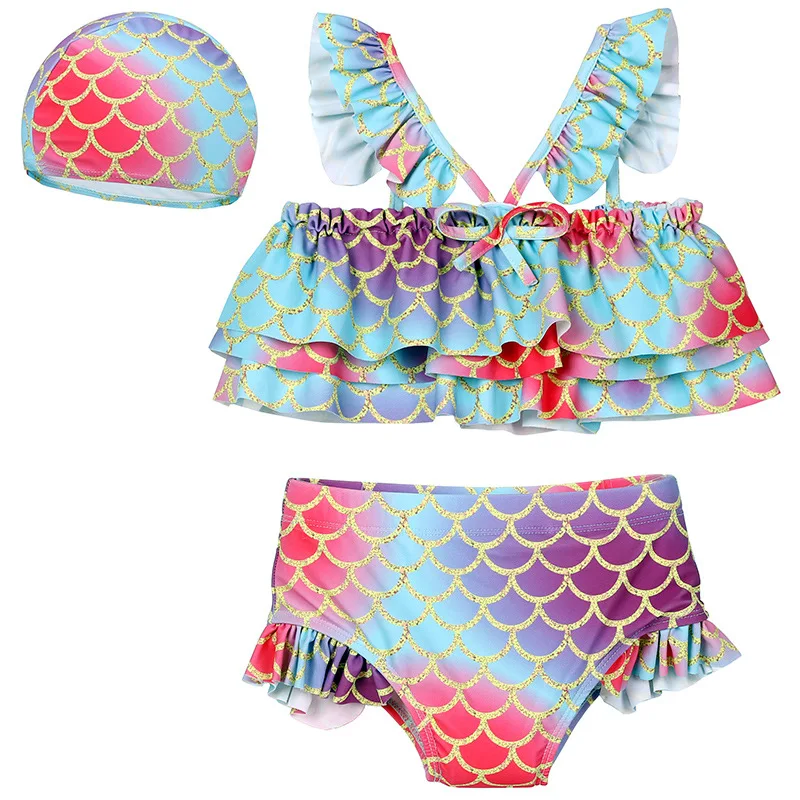 Fashion Mermaid Swimsuit Toddler Girls Swimwear Two Pieces Children's Clothing Colorful Split Baby Bathing Suits with Hats Set