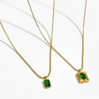 perisbox 2 designs green cubic zirconia square pendant necklace for women dainty beads chain stainless steel jewelry waterproof