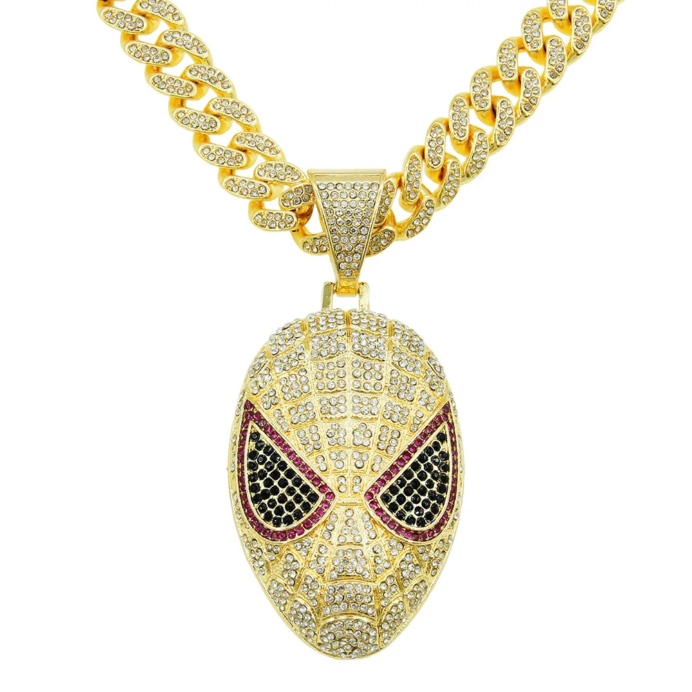 

European And American Hip-hop Cool Three-dimensional Colored Diamond Mask Pendant Cuban Necklace Men's Domineering Dance