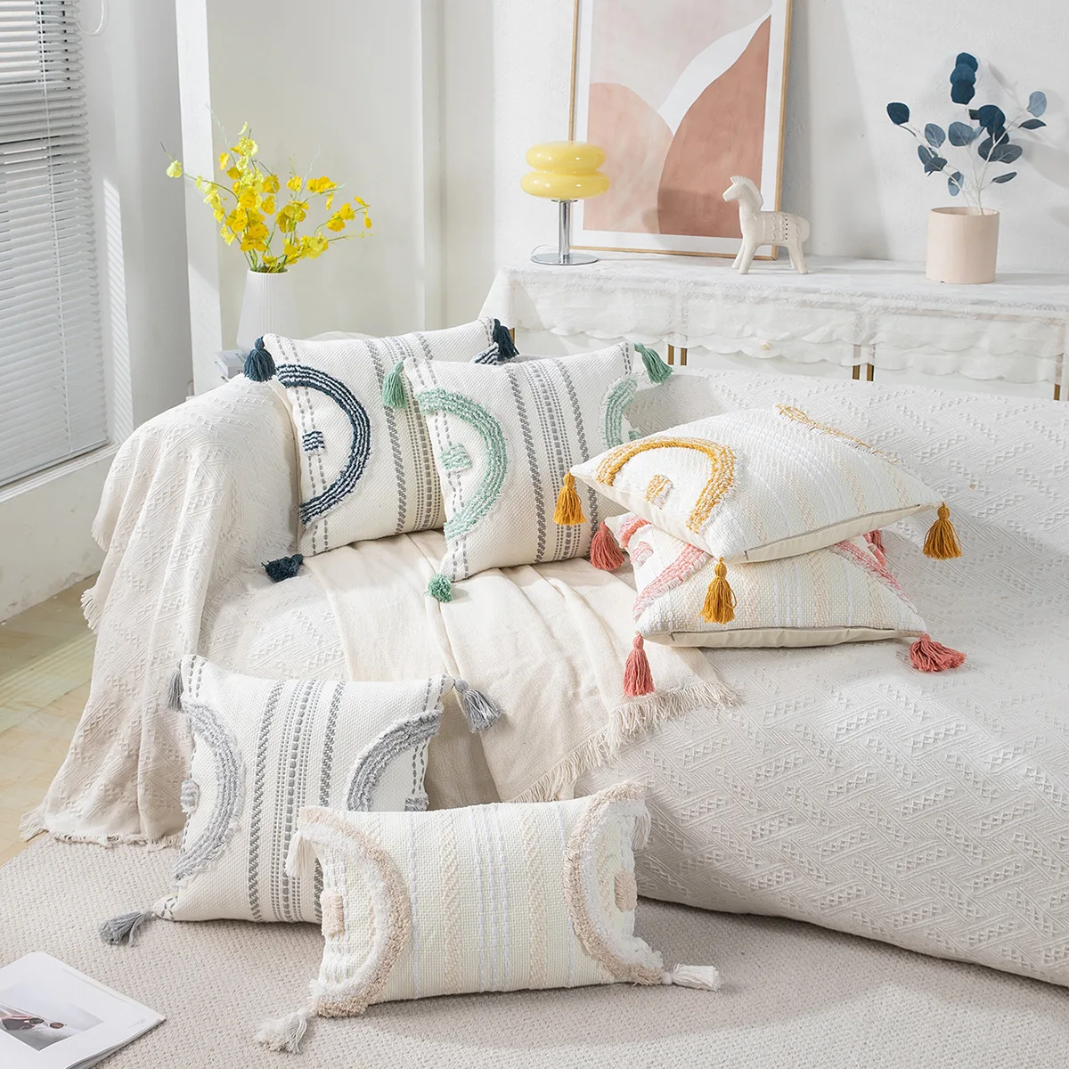 

Boho Tufted Tassel Cushion Cover Thick Cotton and Linen Fringed Pillow Cover Living Room Bedroom Sofa with Pillowcases