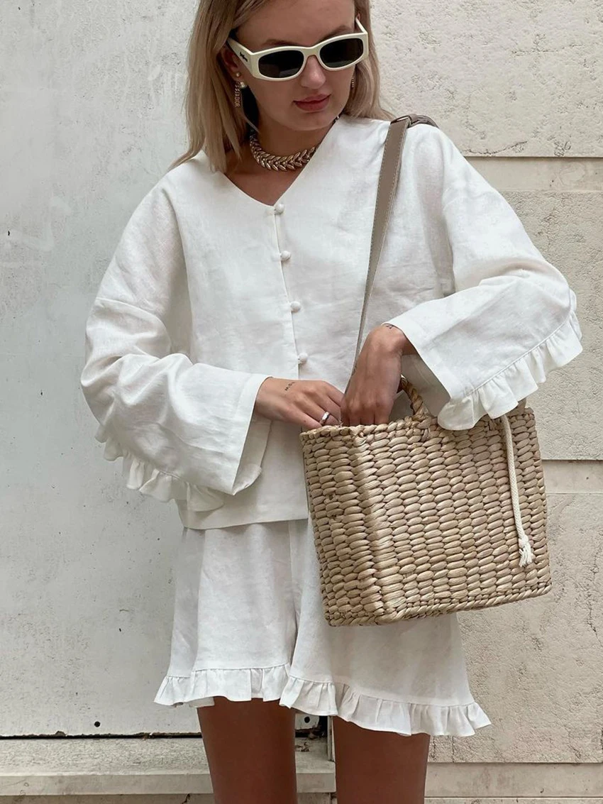 Marthaqiqi Fashion Peplum Women'S Pajama Set Sexy V-Neck Sleepwear Long Sleeve Nightwear Elastic Waist Shorts Femme Home Clothes