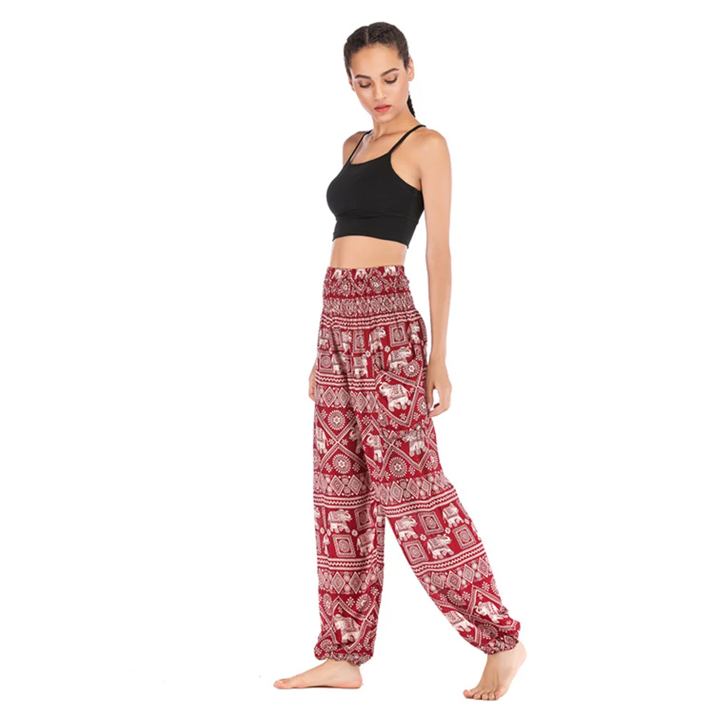 Summer Women Bohemian Floral Print Long Pants Elastic High Waist Vintage Harem Pant Boho Casual Beach Trousers