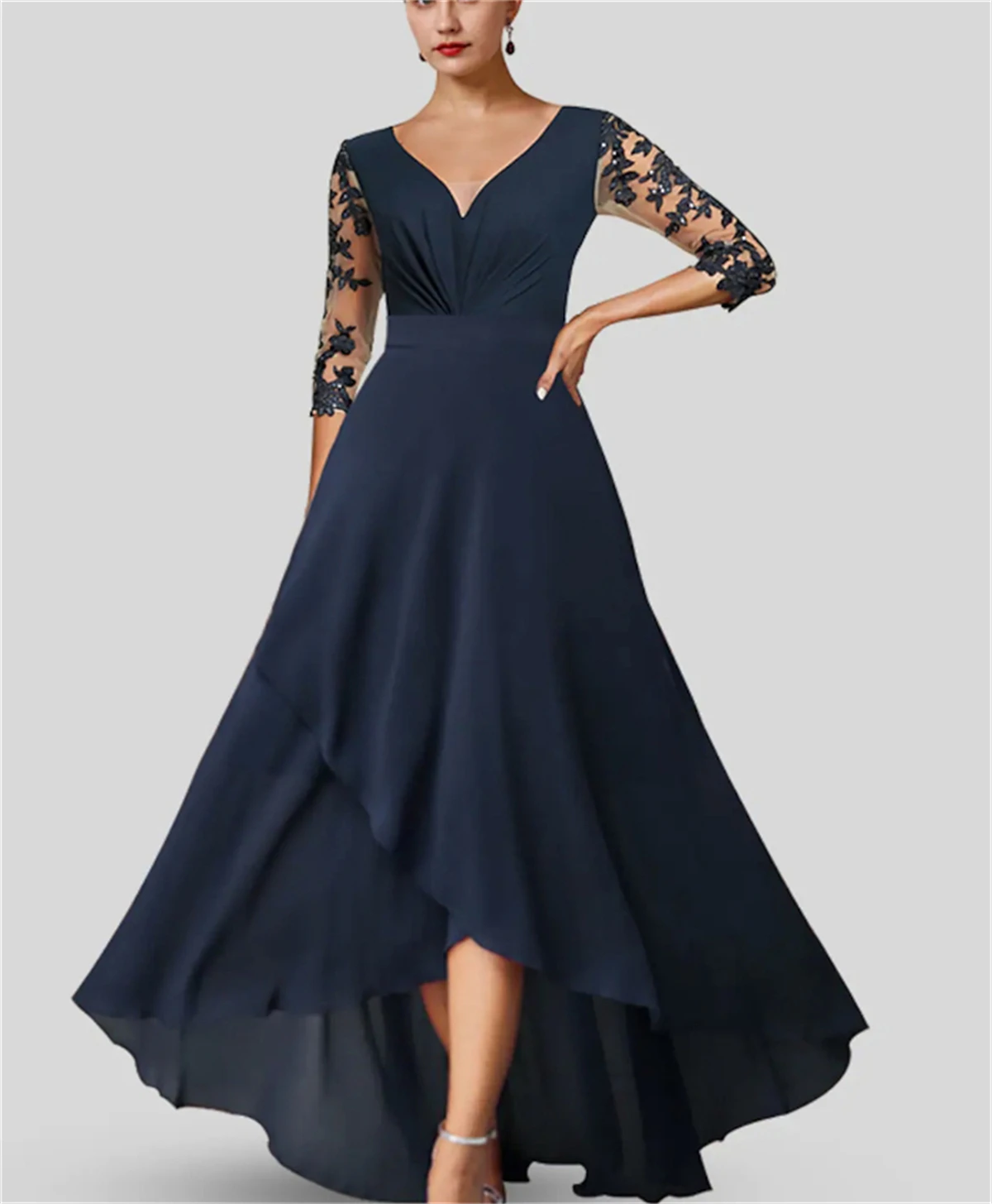 

Великолепные черные шифоновые кружевные платья без рукавов с аппликацией и глубоким V-образным вырезом Короткие женские платья для свадьбы