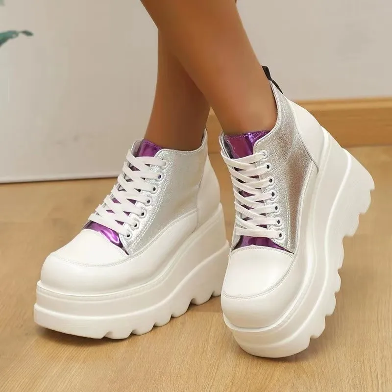 White Women Sneakers Wedges Lace Up Shoes Thick Vulcanized Shoes High Heel Pumps Casual Comfy Female Breathable Chunky  Platform