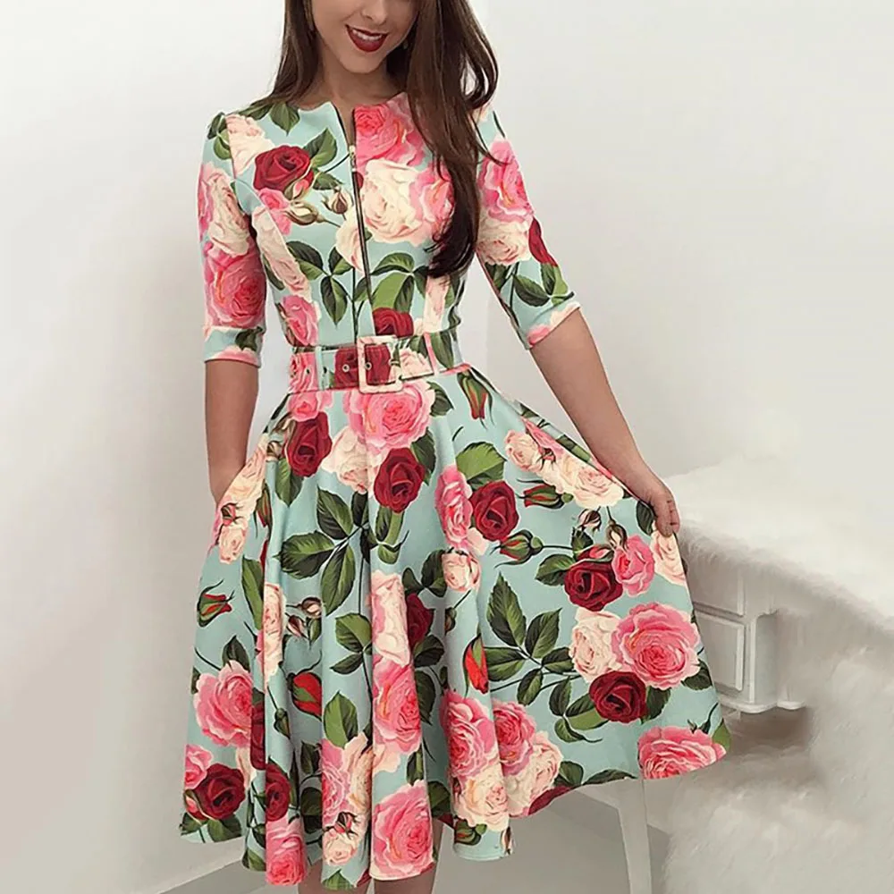 

Женское платье с принтом роз, элегантное платье средней длины с круглым вырезом и поясом, с рукавом 3/4, весна-осень 2022