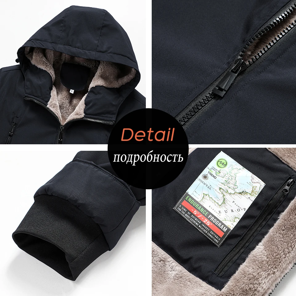 Men Autumn Brand New Business Casual Thick Fleece Warm Hooded Parkas Jacket Coat Men Winter Outwear Waterproof Pockets Parka Men