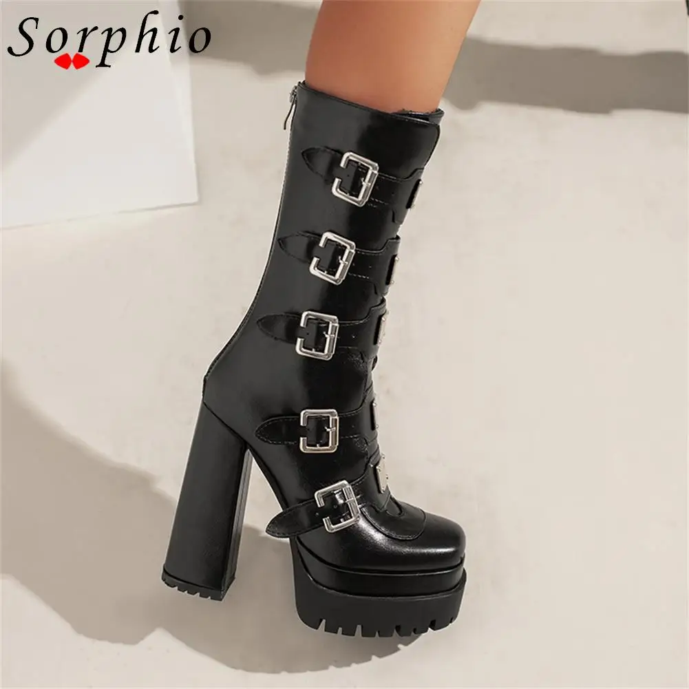Female Motorcycle Platform Boots For Women Metal Design Fashion Brand New Ankle Med Calf Boot Shoes 2022 New Buckle Strap Goth