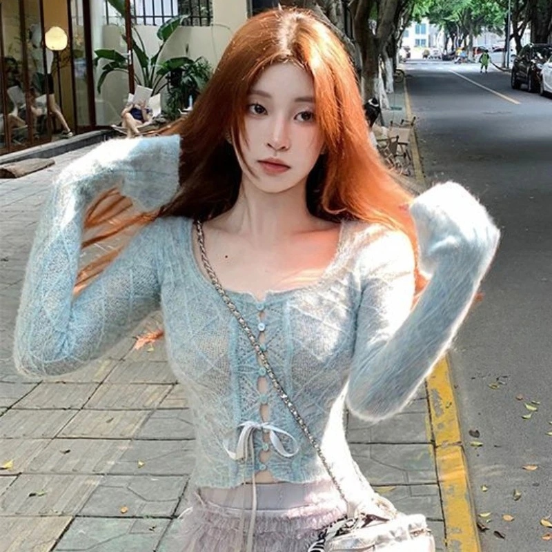 Кардиган женский шикарный Howsweet короткие свитера вязаные женские на шнуровке с