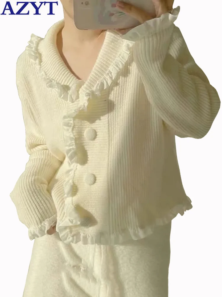 

AZYT Lace Patchwork Knit Cardigan Women Solid Color Soft Sweater Jacket Female 2022 Autumn New Knitwear Korean Tops