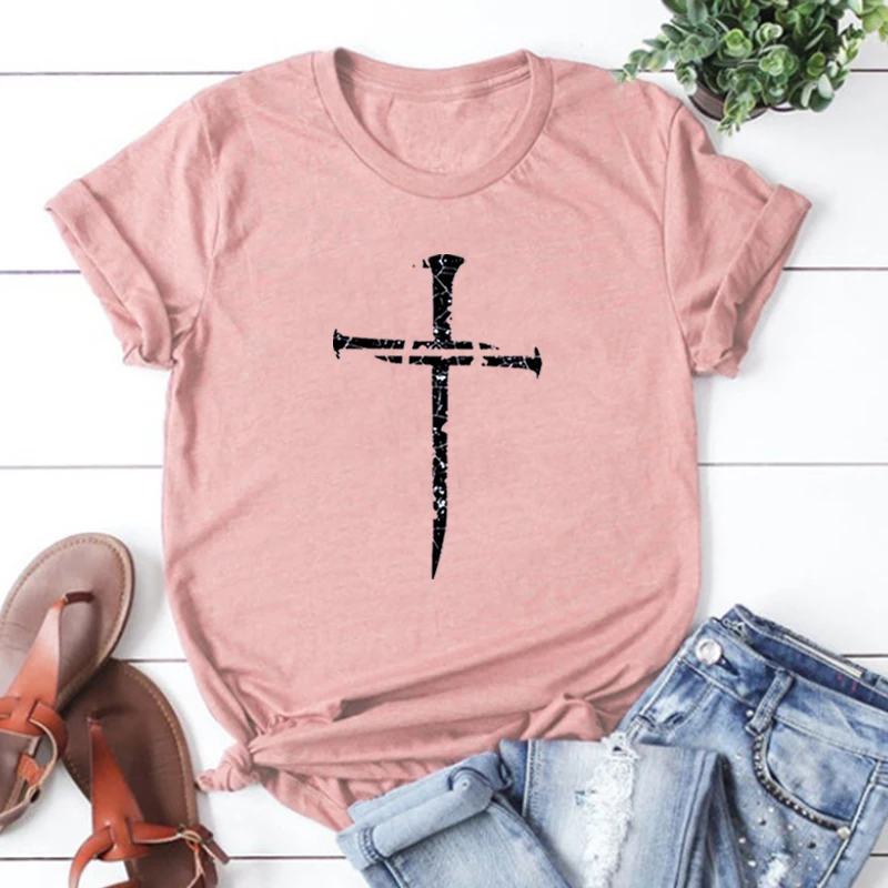 

Christ Tshirt Jesus Nail Cross Distressed Short Sleeve Graphic Tees Thanks Women Sexy Tops Funny Jesus Clothes Women Casual