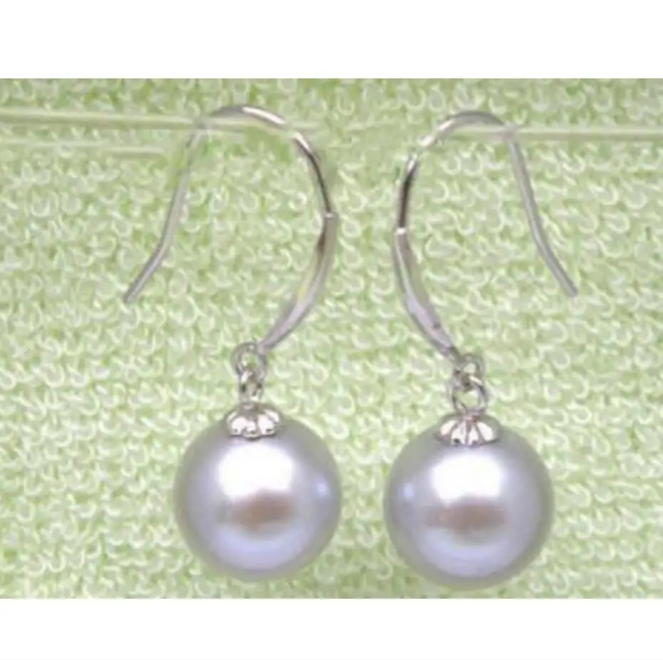 

14 solid white gold Excellent 8.2-8.8mm round gray south sea pearls dangle earring