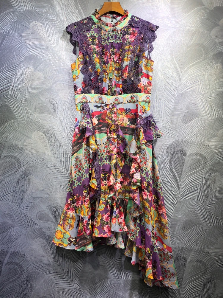 

Seifrmann High Quality Summer Women Fashion Runway Party Midi Dress Short Sleeve Lace Beading Elegant Ruffles Lrregular Dresses