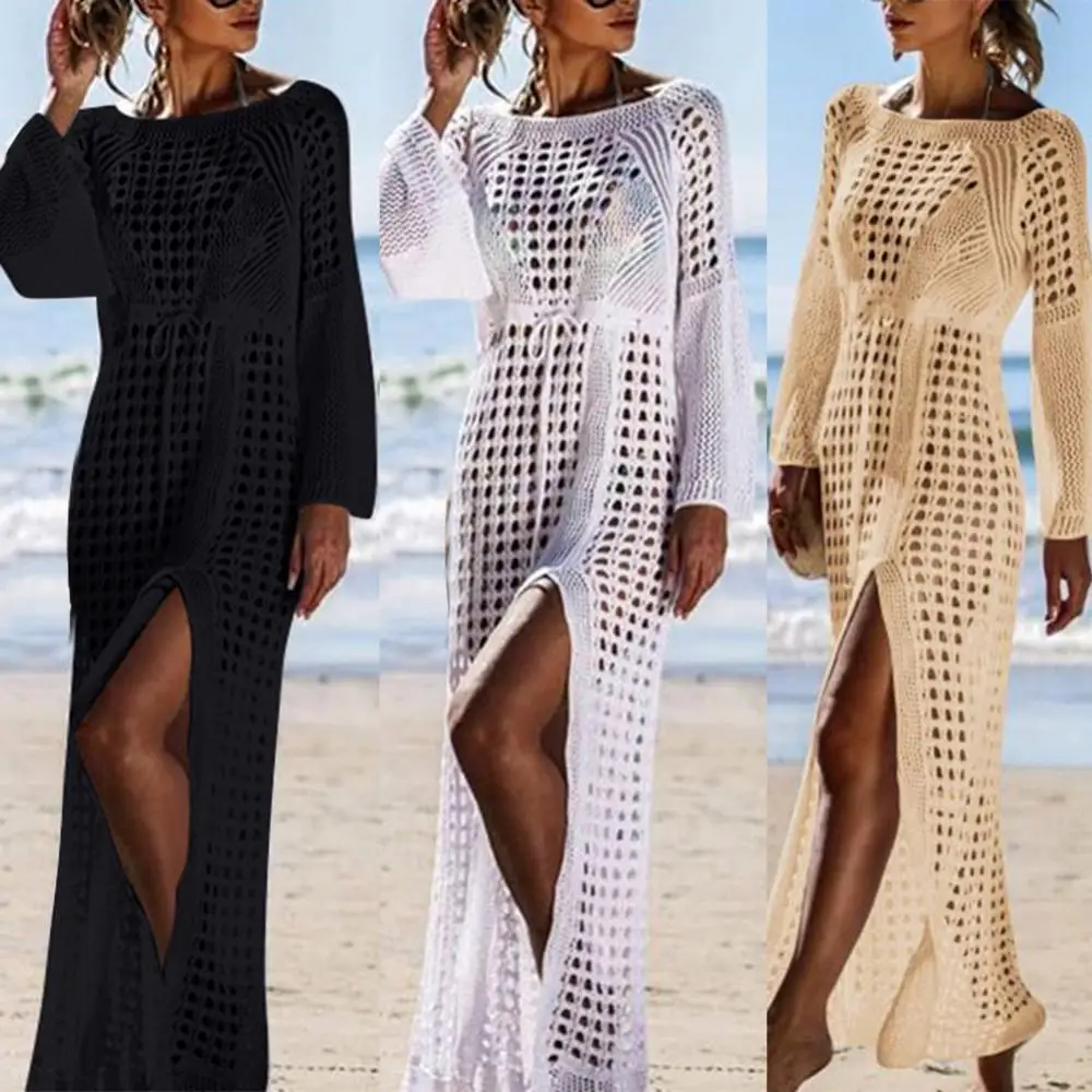 

Summer Women Hollow Knitted Long Sleeve High Split Bikini Cover Up Maxi Dress