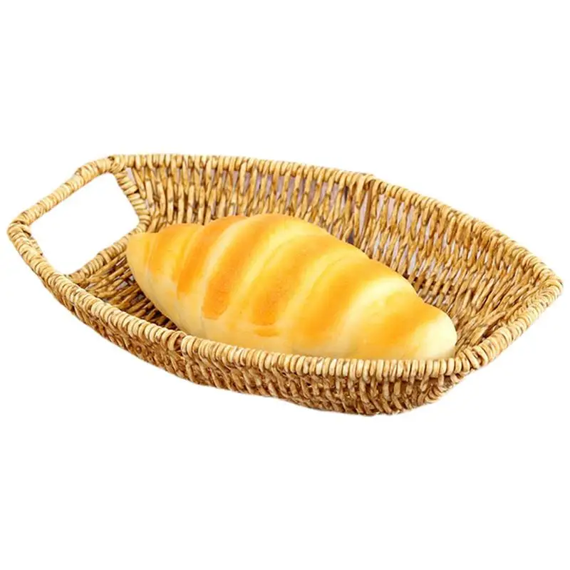 

Handwoven Rattan Storage Tray With Wooden Handle Oval Wicker Basket Bread Food Plate Fruit Cake Platter Dinner Serving Tray