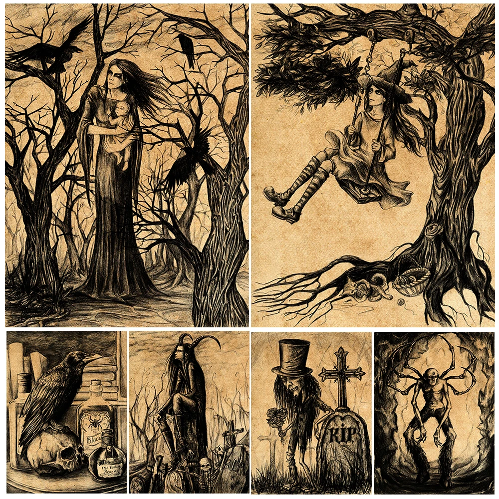 

The Graveyard Baron,Demon,And Witch Vintage Wall Canvas Painting Wizardry And Magic World Pencil Drawing Art Poster Print Decor