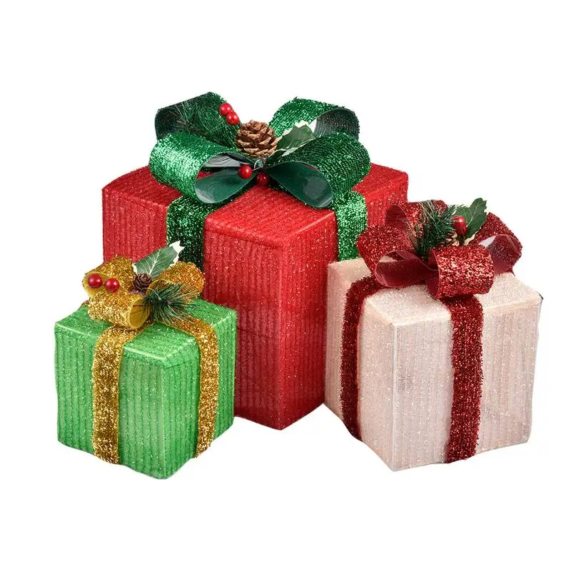 

3PCS/set Christmas Lighting Gift Boxes With Bows Indoor Luminous Christmas Tree Decorations Simulated Gifts Boxes Courtyard