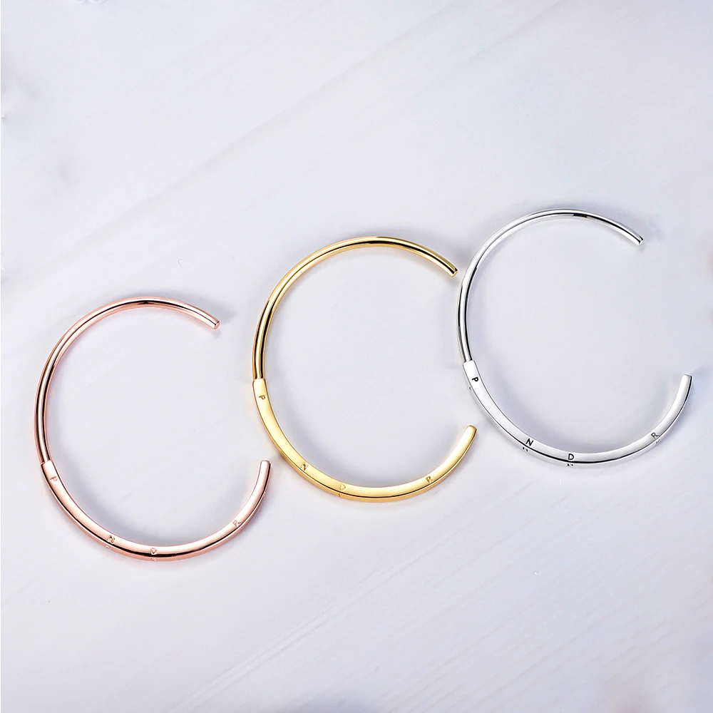 Pandora Sterling Silver Signature I-D Open Bangle Bijoux De Mode Pour Femmes Cadeaux D'anniversaire