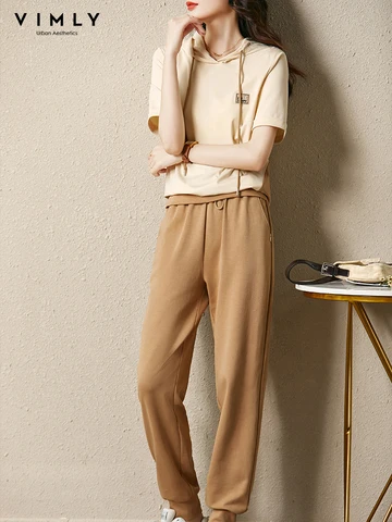 VIMLY Summer Hoodie Two Piece Pant Set for Women 2023 Short Sleeve T-shirt Elastic Sweatpants Tracksuit Matching Set V3187