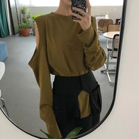 women sexy hollow out off shoulder t shirt vintage casual long sleeve army green t shirt new loose t shirt 2021 women clothes