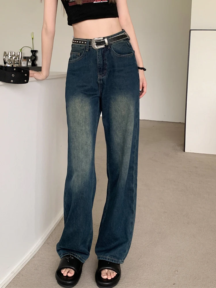 

Vintage Blue High Waist Jeans Women 2022 Autumn Fashion Chic Classic Straight Denim Trouser Female Simple Casual Jean Pants