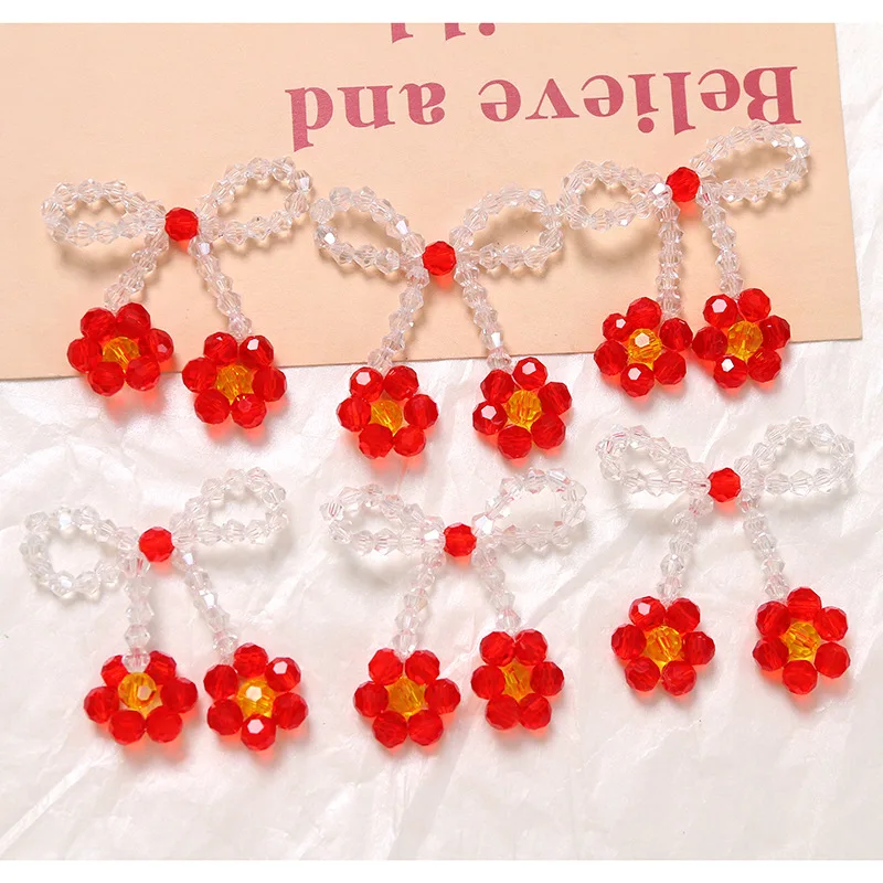 2pcs early spring braided beaded bow small red flower diy acrylic accessories earrings hairpin material