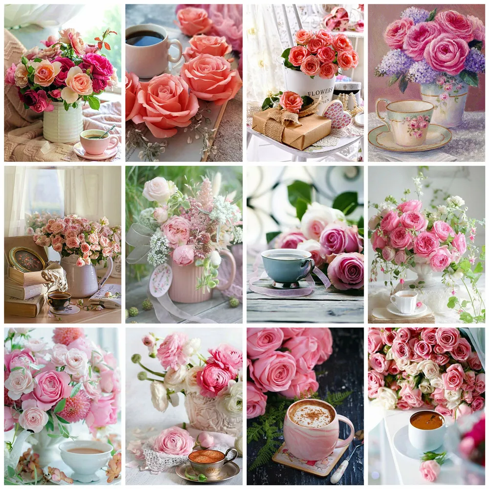 

Huacan 5d Diamond Painting New Arrivals Rose Vase Diamond Embroidery Mosaic Cross Stitch Coffee Home Decor