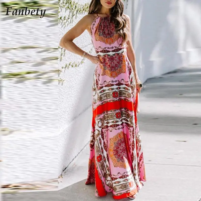 

Summer Casual Pattern Print Party Dresses Women Fashion O-Neck Backless Dress Office Lady Elegant Sleeveless Beach Dress Vestido