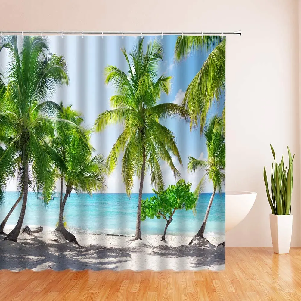 

Душевая занавеска с кокосовым деревом, летний тропический морской декор для кокосового дерева, тема океана, пляжа, тканевый комплект для ва...