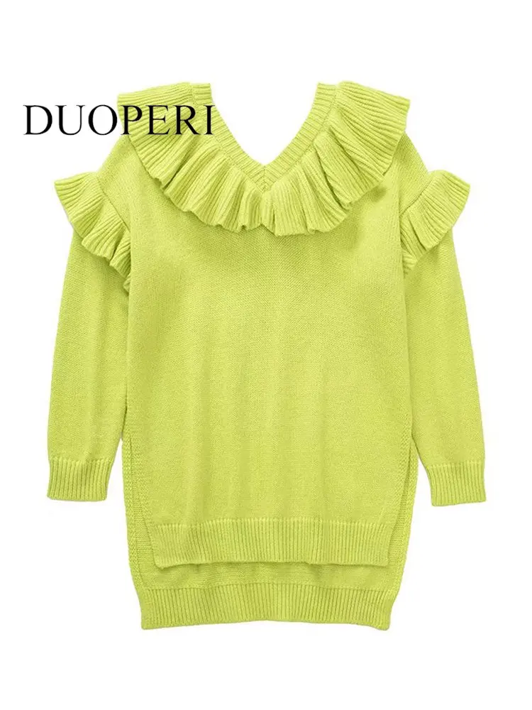 

DUOPERI Women Fashion Solid Ruffled Knitted Pullover Sweater Vintage V-Neck Long Sleeves Female Chic Lady Tops
