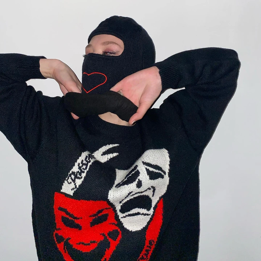 Одежда унисекс с рисунком демона Свитера на осень и зиму винтажный пуловер