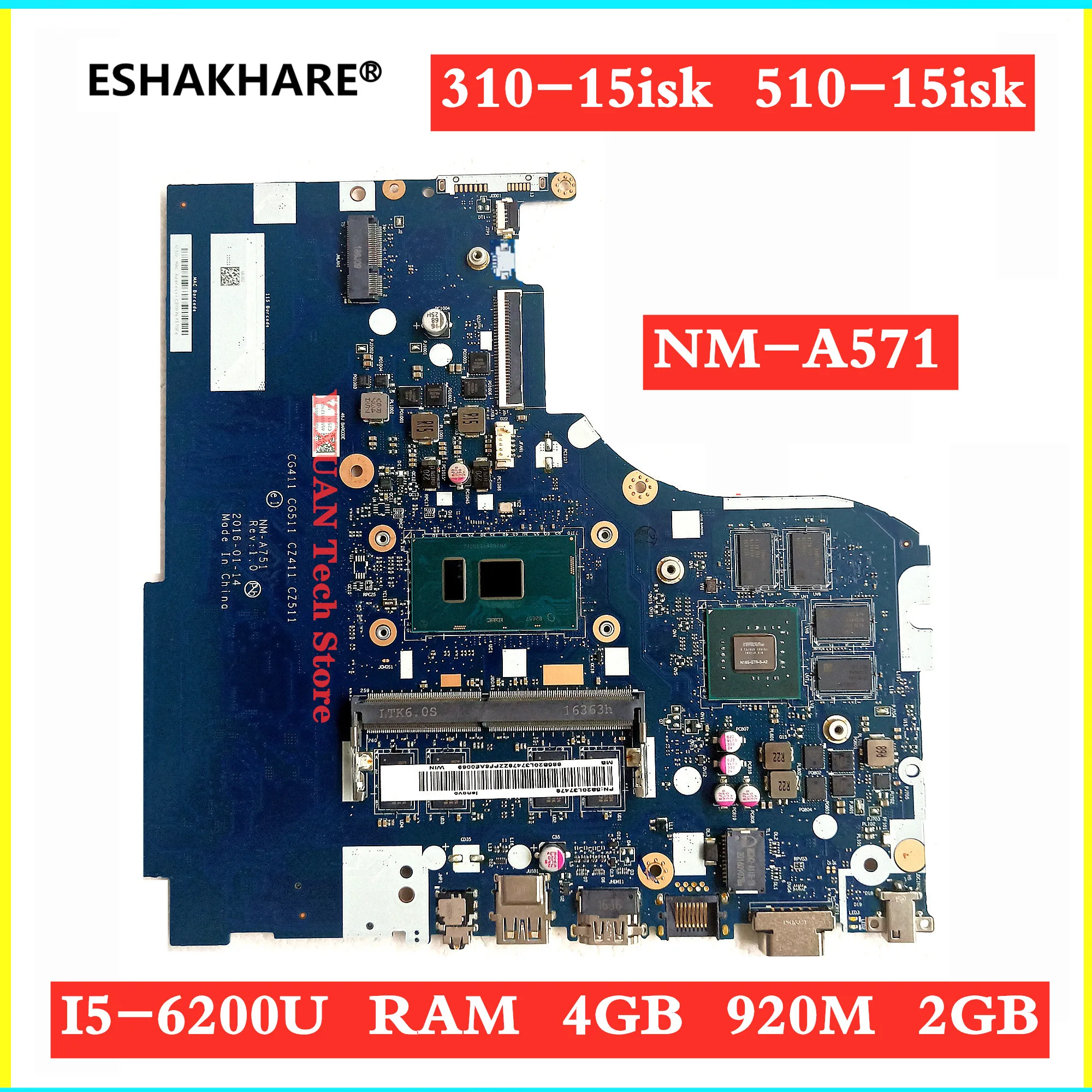 

Original NM-A751 motherboard for Lenovo 310-15ISK 510-15ISK Laptop motherboard with 4G RAM i5-6200U GT920M 2G 100% test work