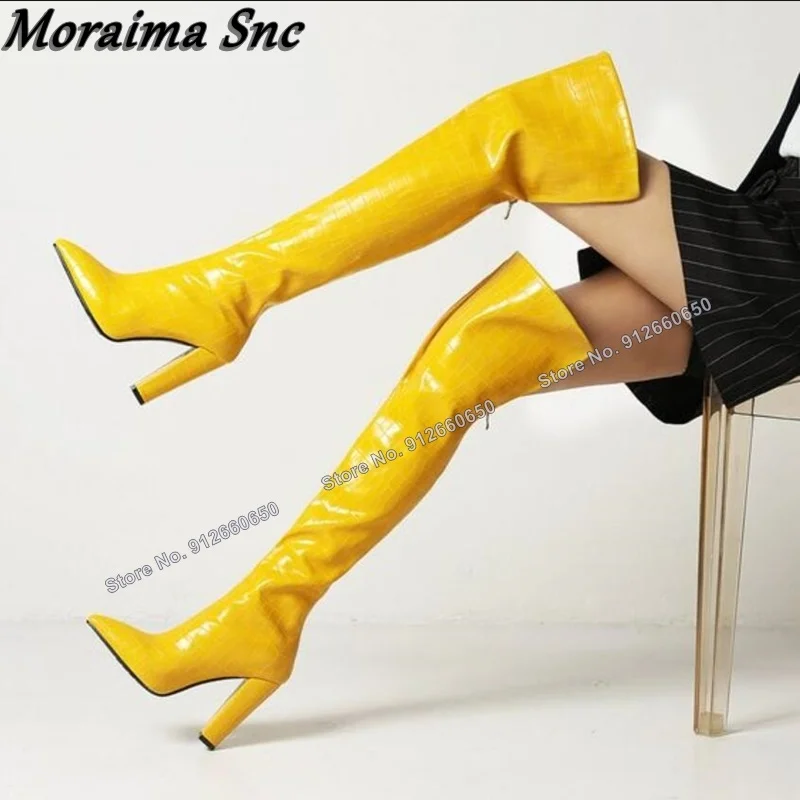 

Moraima Snc Yellow Chunky Heel Back Zipper Boots for Women Solid Patent Leather Boots Stilettos High Heel Shoes Zapatillas Mujer