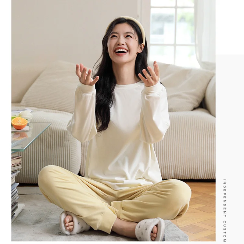 

New Spring Homewear Long Sleeve Pajamas Set Cute Leisure Women Sleepwear 2Pcs Nightwear Women Long Loose Waist Pant Home Suit