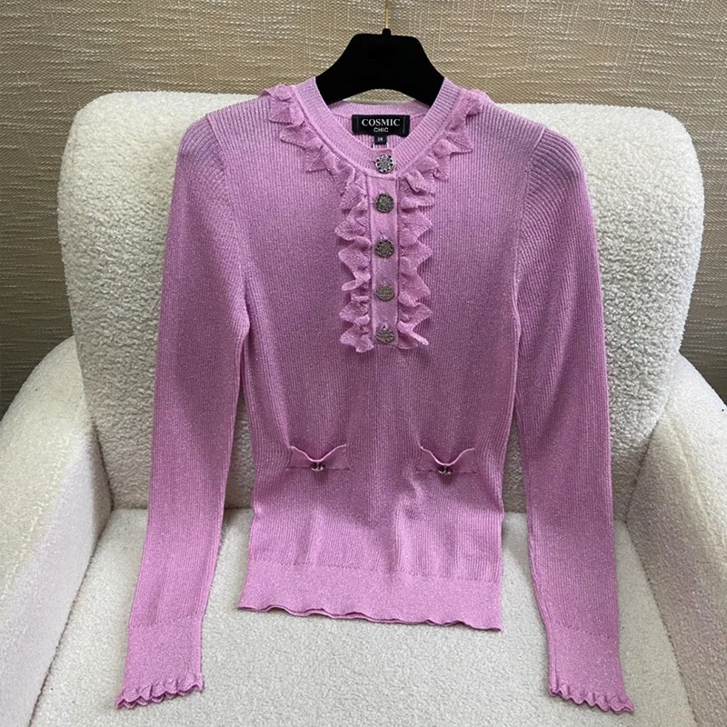 

2022 Autumn Runway Women Knitting Pullover Women O Neck Long Sleeve Wood Ears Ruched Soft Jumper Tops Elegant Slim Lady Sweater