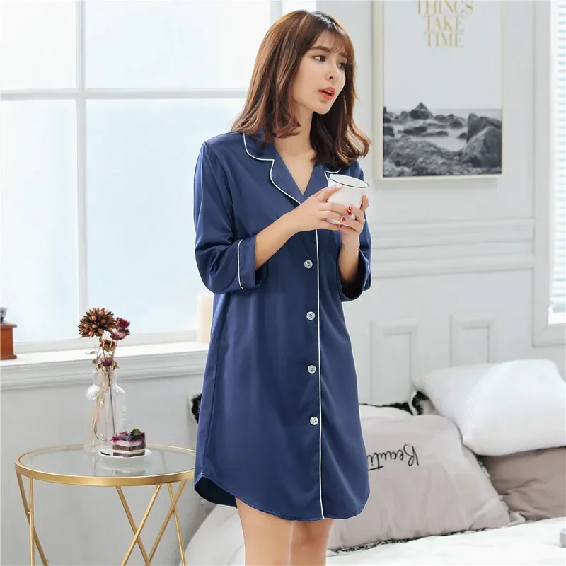 Sexy Fashionable Ice Silk Long Robe Beach Style Nine-point Sleeve Thin Homewear Sleep Dress Women's