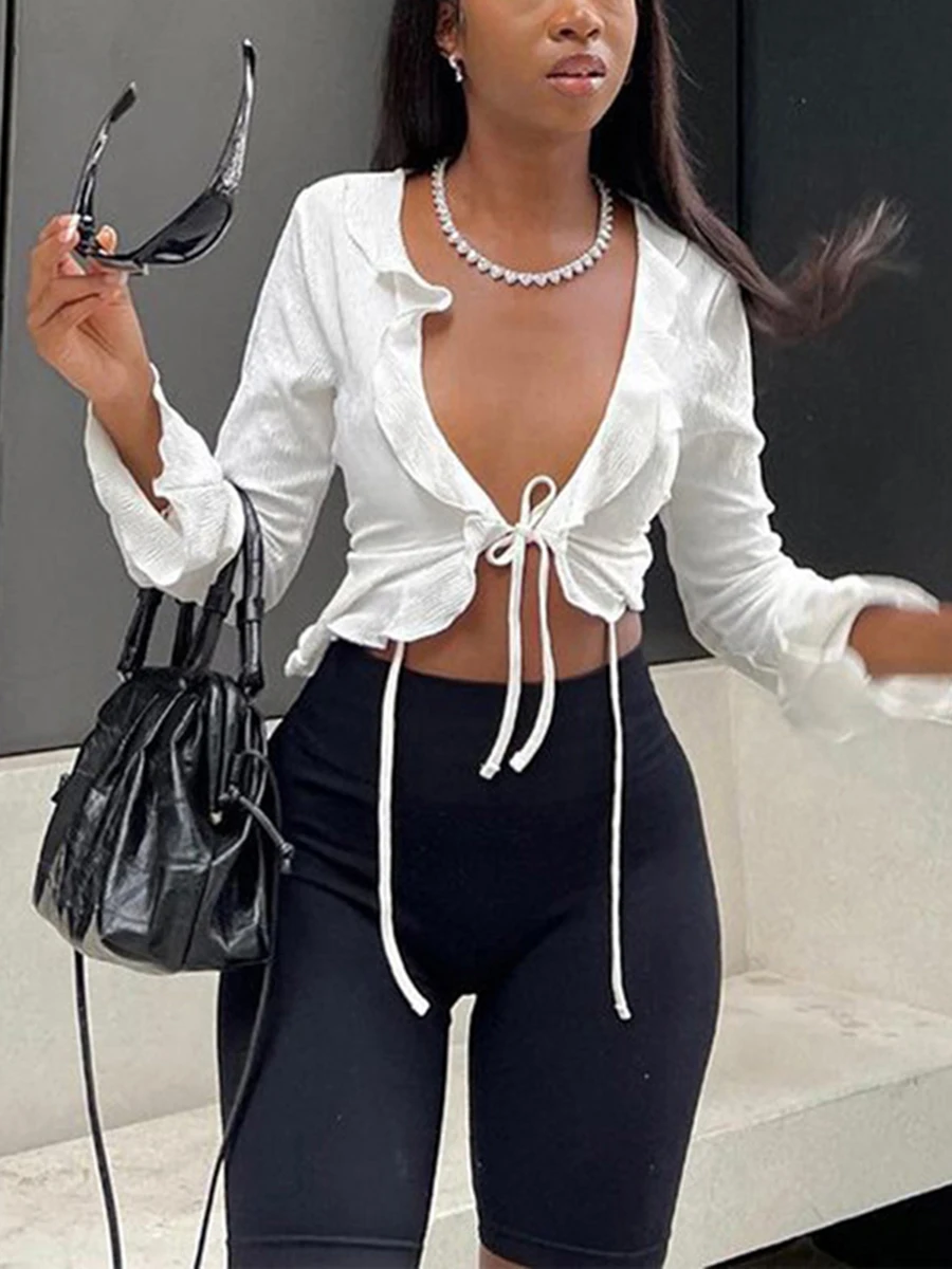 

Sexy Womens Summer Thin Cardigan Solid Color Long Sleeve Ruffled V-Neck Tie-Up Slim Fit Cropped Tops Streetwear New S M L
