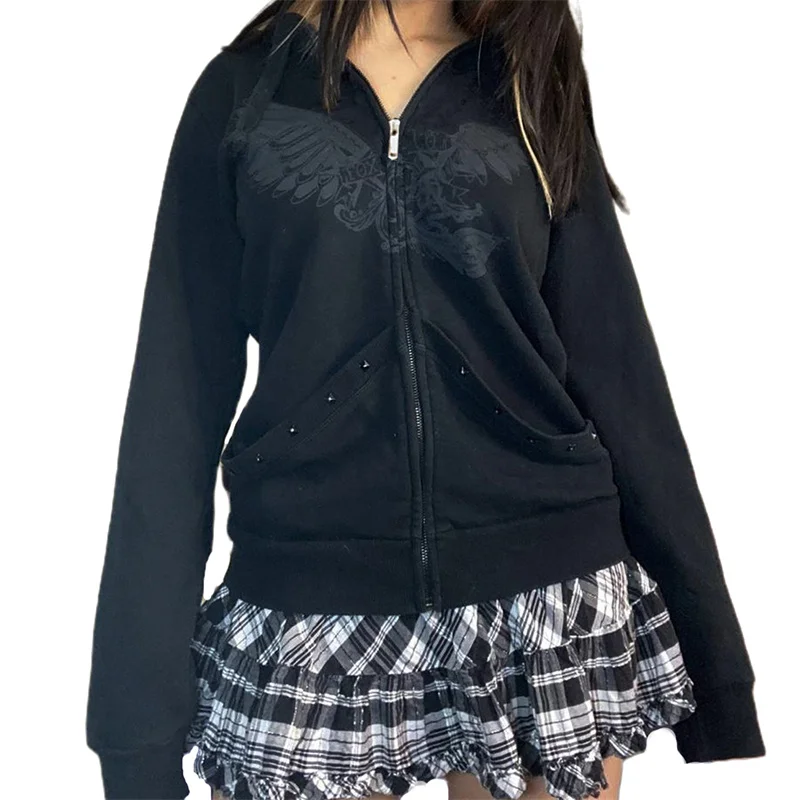 

Women Rivet Hoodies Tops Coats Vintage Gothic Angel Wings Print Long Sleeve Zip Up Drawstring Hooded Sweatshirts Black S/M/L