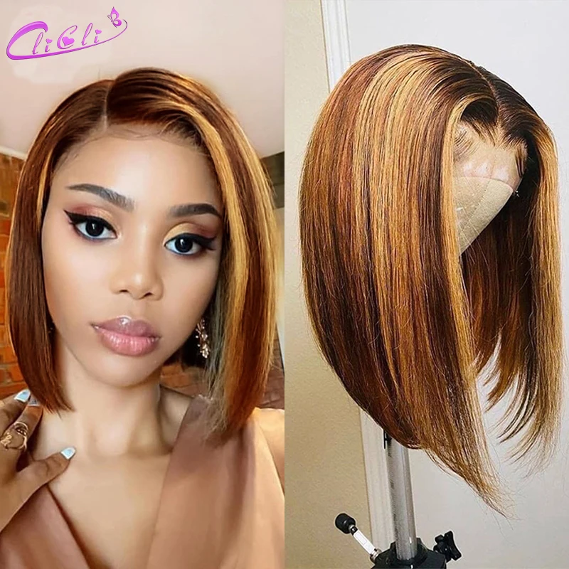 

Highlight Bob Wig Ombre Human Hair Bone Straight Human Hair Wig Transparent Hd Lace Frontal Wig Blonde Highlights Short Bob Wigs